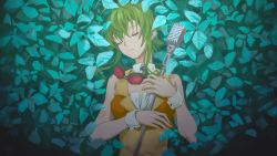 Rule 34 | 1girl, bare shoulders, brooch, collar, commentary, crop top, expressionless, closed eyes, goggles, goggles around neck, green hair, gumi, head tilt, highres, holding, holding microphone stand, jewelry, leaf, leaf background, lying, microphone, microphone stand, on back, orange vest, plant, red goggles, shirt, short hair with long locks, sidelocks, sleeveless, sleeveless shirt, solo, upper body, vest, vocaloid, wounds404, wrist cuffs, yellow shirt
