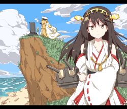 Rule 34 | 10s, 1boy, 1girl, admiral (kancolle), any (lucky denver mint), bare shoulders, brown eyes, brown hair, cloud, day, detached sleeves, haruna (kancolle), kantai collection, letterboxed, long hair, long sleeves, looking at viewer, military, military uniform, naval uniform, nontraditional miko, ribbon-trimmed sleeves, ribbon trim, sky, uniform, wide sleeves
