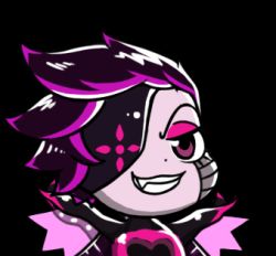 Rule 34 | 1boy, :3, :d, android, bad id, bad pixiv id, black background, brown eyes, chibi, eyelashes, fang, gyate gyate, hair over one eye, half-closed eyes, looking at viewer, lowered eyelids, lowres, male focus, mettaton, mettaton neo, open mouth, parted lips, portrait, purple hair, robot, smile, solo, spoilers, undertale, upper body, yaruky