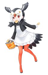 Rule 34 | 10s, 1girl, atlantic puffin (kemono friends), bird tail, black hair, black jacket, black scarf, chips (food), food, food in mouth, full body, gloves, head wings, ise (0425), jacket, kemono friends, long sleeves, looking at viewer, mouth hold, multicolored hair, pantyhose, potato chips, red eyes, red footwear, red pantyhose, scarf, shirt, shoes, short hair, simple background, skirt, solo, tail, white background, white gloves, white hair, white shirt, white skirt, wings