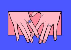 Rule 34 | blue border, border, hand focus, highres, jewelry, minillustration, nail art, nail polish, original, outside border, pink background, pink nails, ring, solo