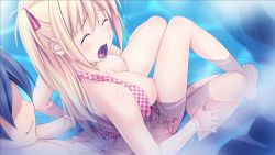 Rule 34 | 10s, 1boy, 1girl, bikini, blonde hair, blush, breasts, clothed sex, closed eyes, game cg, hair ribbon, hetero, highres, kagurazaka namine, koutaro, long hair, nipples, open clothes, open mouth, partially submerged, protagonist (tropical vacation), puffy nipples, ribbon, saliva, sex, sitting, straddling, swimsuit, tropical kiss, tropical vacation, twinkle (company), water