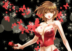 Rule 34 | 1girl, b.m., bare shoulders, breasts, brown eyes, brown hair, bug, butterfly, cleavage, female focus, insect, large breasts, lipstick, makeup, meiko (vocaloid), microphone, midriff, navel, solo, vocaloid