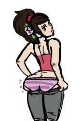 Rule 34 | 1girl, ass, brown eyes, brown hair, butt crack, clothes pull, contemporary, dressing, flower, hair flower, hair ornament, huge ass, inconvenient ass, looking back, momohime, oboro muramasa, oekaki, panties, pants, pants pull, penelope and me, ponytail, pulled by self, purple panties, scrunchie, solo, striped clothes, striped panties, tank top, undersized clothes, underwear