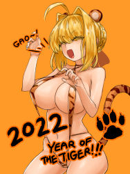 Rule 34 | 1girl, ahoge, animal ears, animal print, blonde hair, braid, breasts, brown ribbon, closed eyes, eyes visible through hair, fate/extra, fate/grand order, fate (series), hair intakes, highres, large breasts, navel, nero claudius (fate), nero claudius (fate) (all), nero claudius (fate/extra), open mouth, orange background, paw print, ribbon, shiny skin, slingshot swimsuit, steamingtofu, swimsuit, tail, tiger ears, tiger print, tiger tail