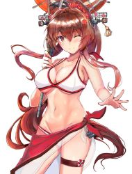 Rule 34 | 1girl, ;), alternate costume, bare shoulders, bikini, blush, breasts, brown eyes, brown hair, cherry blossoms, cleavage, collarbone, eriyama e, flower, hair flower, hair ornament, hand up, headgear, holding, holding umbrella, kantai collection, large breasts, long hair, looking at viewer, one eye closed, open mouth, ponytail, sarong, simple background, smile, solo, swimsuit, thigh strap, umbrella, very long hair, white background, white bikini, yamato (kancolle)