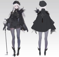 Rule 34 | 1girl, black capelet, black feathers, black footwear, black headwear, black ribbon, cane, capelet, closed mouth, earrings, feathers, frills, gem, gloves, gradient background, grey eyes, grey legwear, hat, hat feather, highres, holding, holding cane, jewelry, long hair, multiple views, neck ribbon, okku, original, pale skin, puffy sleeves, red lips, ribbon, sketch, white gloves, white hair
