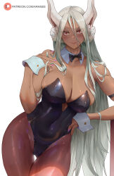 Rule 34 | 1girl, animal ears, araneesama, bare shoulders, black leotard, boku no hero academia, breasts, brown pantyhose, cameltoe, cleavage, closed mouth, collar, collarbone, cowboy shot, dark-skinned female, dark skin, detached collar, eyelashes, gluteal fold, grey hair, highres, large breasts, leotard, long hair, looking at viewer, mirko, pantyhose, patreon username, pink nails, playboy bunny, rabbit ears, red eyes, shiny clothes, simple background, smile, solo, standing, thigh gap, white background, wrist cuffs