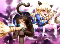 Rule 34 | 1girl, animal ears, ass, black pantyhose, blonde hair, blush, breasts, broom, broom riding, cat ears, cat tail, glasses, hosoinogarou, open mouth, pantyhose, perrine h. clostermann, saliva, small breasts, solo, strike witches, tail, torn clothes, torn pantyhose, witch, world witches series, yellow eyes