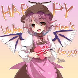 Rule 34 | 1girl, animal ears, apron, bird ears, bird wings, blush, box, brown dress, brown eyes, brown hat, dated, dress, fingernails, frilled apron, frills, gift, gift box, happy valentine, hat, heart-shaped box, holding, holding gift, juliet sleeves, long fingernails, long sleeves, looking at viewer, mystia lorelei, nail polish, open mouth, pink apron, pink hair, pink nails, pink wings, puffy sleeves, sharp fingernails, shirt, short hair, signature, sleeve garter, smile, solo, touhou, valentine, white shirt, winged hat, wings, yamu (reverse noise)