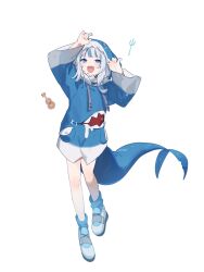Rule 34 | 1girl, :d, bare legs, blue eyes, blue footwear, blue hair, blue hoodie, blunt bangs, drawstring, fang, fins, fish tail, full body, gawr gura, gawr gura (1st costume), hands up, highres, hololive, hololive english, hood, hood up, hoodie, instrument, long sleeves, looking at viewer, medium hair, motamo (motamotri), multicolored hair, open mouth, pocket, polearm, shark tail, simple background, smile, solo, spear, standing, standing on one leg, streaked hair, tail, ukulele, virtual youtuber, weapon, white background, white hair, wide sleeves