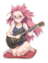 Rule 34 | 1girl, blue eyes, blue one-piece swimsuit, bocchi the rock!, breasts, cube hair ornament, electric guitar, full body, gibson les paul, gotoh hitori, guitar, hair ornament, highres, holding, holding instrument, instrument, large breasts, long hair, music, one-piece swimsuit, one side up, open mouth, pillow, pink hair, playing instrument, school swimsuit, simelu, simple background, sitting, solo, swimsuit, white background