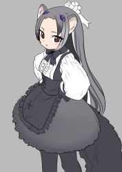 Rule 34 | 10s, 1girl, animal ears, anteater ears, anteater tail, apron, black hair, bow, bowtie, brown eyes, cowboy shot, giant anteater (kemono friends), gloves, grey background, grey hair, hair ornament, kemono friends, long hair, maid, maid apron, momosuke (ishakry), multicolored hair, pantyhose, simple background, solo, tail, teeth, upper body, white hair
