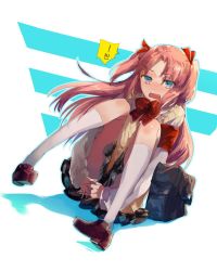 Rule 34 | !!, 10s, 1boy, arikawa hime, blue eyes, blush, caramel (caramelmalt), covering privates, covering crotch, himegoto, long hair, looking at viewer, male focus, open mouth, pink hair, school uniform, shadow, shoes, solo, thighhighs, trap