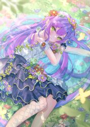 Rule 34 | 1girl, absurdres, alternate costume, arm cuffs, bare shoulders, black skirt, blush, earrings, fishnet thighhighs, fishnets, flower, frilled skirt, frills, gradient hair, green eyes, hair flower, hair ornament, highres, hololive, jewelry, looking at viewer, lying, lying on water, multicolored hair, on side, pointy ears, purple hair, ririge, shirt, single thighhigh, skirt, solo, thighhighs, tokoyami towa, virtual youtuber, white shirt, wrist cuffs