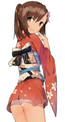 Rule 34 | 10s, 1girl, ass, brown eyes, brown hair, gin00, highres, i-401 (kancolle), japanese clothes, kantai collection, kimono, new year, no panties, ponytail, short hair, solo, tan, tanline, transparent background