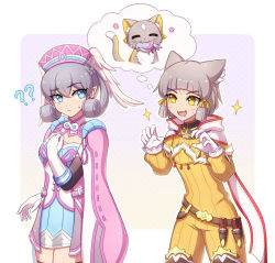 Rule 34 | animal ears, blunt bangs, bodysuit, cape, cat ears, child, dress, drooling, enni, facial mark, flat chest, gloves, hat, head wings, highres, juliet sleeves, long sleeves, melia antiqua, mouth drool, nia (xenoblade), puffy sleeves, short dress, short hair, silver hair, thighhighs, white gloves, wings, xenoblade chronicles (series), xenoblade chronicles 1, xenoblade chronicles 2, yellow bodysuit, yellow eyes