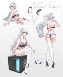 Rule 34 | 1girl, arm support, ass, back, bare shoulders, blue eyes, bra, breasts, character name, cleavage, collarbone, commission, crossed legs, eyes visible through hair, feet up, full body, high heels, long hair, looking at viewer, medium breasts, midriff, multiple views, panties, rwby, side ponytail, sinccubi, sitting, sleeveless, standing, strappy heels, teeth, thighhighs, underwear, weiss schnee, white hair
