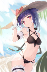Rule 34 | 1girl, :3, animal ears, armpits, bare shoulders, bikini, black bikini, blue hair, bow, breasts, bridal garter, brown hat, cat ears, cleavage, collarbone, cowboy shot, detached sleeves, fang, floppy ears, frilled bikini, frills, front-tie bikini top, front-tie top, gloves, halterneck, hand on headwear, hat, hat bow, head tilt, highres, long hair, looking at viewer, mishuo (misuo69421), multi-strapped bikini, multicolored hair, navel, original, red eyes, sarong, see-through, small breasts, smile, solo, standing, stomach, straw hat, swimsuit, thighs, two-tone hair, white gloves