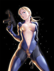 Rule 34 | 1girl, :o, arm behind back, backlighting, black background, blonde hair, blue eyes, bodysuit, breasts, breasts apart, center opening, collarbone, cowboy shot, dual wielding, from below, gloves, gluteal fold, groin, gun, hair tie, harness, head tilt, hexagram, highres, hip focus, holding, holding gun, holding weapon, jill valentine, large breasts, legs, legs apart, long sleeves, low ponytail, navel, no bra, open clothes, open mouth, outline, ponytail, resident evil, resident evil 5, shiny clothes, shiny skin, simple background, skin tight, skorpion vz. 61, solo, standing, stomach, submachine gun, thighs, thor (deep rising), trigger discipline, unzipped, water, water drop, weapon, wet, wet clothes, wet hair