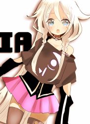 Rule 34 | 1girl, asymmetrical legwear, bad id, bad pixiv id, bare shoulders, blue eyes, braid, character name, cowboy shot, highres, ia (vocaloid), long hair, looking at viewer, mismatched legwear, open mouth, pink hair, poyopoyo23, single thighhigh, skirt, solo, thigh strap, thighhighs, twin braids, very long hair, vocaloid