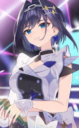 Rule 34 | 1girl, aotake iro, asymmetrical sleeves, blue eyes, blue hair, blush, bow, bow earrings, breasts, buttons, chain, chain headband, cleavage, closed mouth, commentary, crop top, double-breasted, earrings, hair intakes, hair ornament, headband, highres, holding, holding microphone, hololive, hololive english, hololive idol uniform (bright), jacket, jewelry, large breasts, looking at viewer, microphone, multicolored hair, nail polish, ouro kronii, short hair, smile, solo, streaked hair, uneven sleeves, virtual youtuber, white jacket