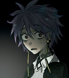 Rule 34 | 1boy, black jacket, chinese commentary, chundizhouqin, collared shirt, commentary request, earrings, gradient background, hair between eyes, jacket, jewelry, looking at viewer, male focus, open clothes, open jacket, open mouth, purple hair, red eyes, saibou shinkyoku, scar, scar on neck, shirt, short hair, solo, spoilers, sweat, theodore riddle, white shirt, wide-eyed
