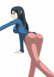 Rule 34 | 1girl, ass, black hair, blue eyes, breasts, denim, female focus, from behind, inazuma eleven, inazuma eleven (series), jeans, kira hitomiko, large breasts, leaning, leaning forward, long hair, maron (quintet colors), open mouth, pants, sideboob, simple background, solo, sweater, turtleneck