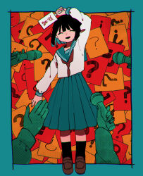 Rule 34 | 1girl, ?, ^ ^, absurdres, aqua border, aqua hair, aqua sailor collar, aqua skirt, arm up, black hair, black socks, bob cut, border, brown footwear, chromatic aberration, closed eyes, colored inner hair, commentary, english commentary, facing viewer, full body, halftone, highres, holding, holding sign, long sleeves, mamei mema, microphone, multicolored hair, neckerchief, open mouth, orange background, original, out of frame, outside border, pleated skirt, red background, red neckerchief, sailor collar, sailor shirt, school uniform, serafuku, shirt, shoes, short hair, sign, skirt, smile, socks, solo focus, standing, translation request, two-tone hair, white shirt