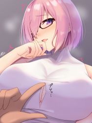 Rule 34 | 1girl, bad id, bad pixiv id, bare arms, bare shoulders, black-framed eyewear, blush, breasts, cleavage, commentary request, covered collarbone, eyes visible through hair, fate/grand order, fate (series), glasses, grey background, hair over one eye, hand up, head tilt, highres, large breasts, mash kyrielight, nose blush, out of frame, parted lips, pink hair, purple eyes, ramchi, ripping, shirt, signature, sleeveless, sleeveless shirt, solo focus, torn clothes, torn shirt, white shirt