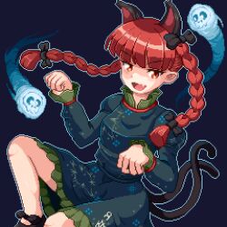 Rule 34 | 1girl, :d, animal ears, black footwear, blunt bangs, bow, braid, breasts, cat ears, cat tail, commentary request, dress, extra ears, fang, feet out of frame, flaming skull, floating skull, frilled dress, frilled sleeves, frills, green dress, hair bow, juliet sleeves, kaenbyou rin, long hair, long sleeves, multiple tails, open mouth, paw pose, pixel art, puffy sleeves, red eyes, red hair, skin fang, skull, small breasts, smile, solo, subterranean animism, tail, toshi6786, touhou, twin braids, two tails, v-shaped eyebrows