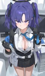 Rule 34 | 1girl, belt, black gloves, black skirt, blue archive, blue eyes, blue hair, blue necktie, blush, breasts, cleavage, closed mouth, collared shirt, gloves, halo, highres, holding, hood (james x), large breasts, long sleeves, looking at viewer, miniskirt, necktie, pleated skirt, shirt, skirt, solo, thighs, two side up, white belt, white shirt, yuuka (blue archive)