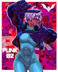 Rule 34 | 1girl, antennae, ass, black gloves, blush, bodysuit, breasts, camera, female focus, gloves, grey hair, hair over one eye, headphones, highres, jacket, large breasts, leather, leather gloves, leather jacket, looking at viewer, midriff, navel, one piece, open mouth, purple eyes, shiny clothes, short hair, smile, solo, thighs, tight clothes, vegapunk lilith, wide hips