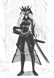 Rule 34 | 1girl, armor, braid, breasts, commentary request, couter, covered navel, full body, gloves, grass, greyscale, hand on sheath, hand rest, hatching (texture), headgear, highres, holding, holding sword, holding weapon, igari heiichi, legs apart, linear hatching, long hair, long sleeves, mask, minorun9, monochrome, nue no onmyouji, outdoors, pants, scabbard, shadow, sheath, shirt, side braid, single braid, single glove, solo, standing, sword, tree, very long hair, weapon