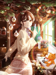 Rule 34 | 1girl, absurdres, bench, blurry, blurry foreground, brown hair, flower, highres, indoors, long sleeves, looking at viewer, low twintails, original, ornament, painting (object), paper, paper stack, shelf, sidelocks, skirt, smile, standing, stuffed animal, stuffed cat, stuffed toy, table, teddy bear, twintails, vase, window, yoliyoligirl