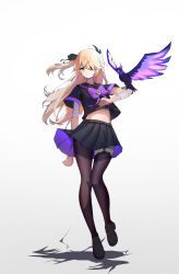 Rule 34 | 1girl, absurdres, alternate costume, bandaged arm, bandaged leg, bandaged neck, bandages, bird, commentary request, contemporary, crow, eyepatch, fischl (genshin impact), full body, genshin impact, hair ornament, hair over one eye, highres, light brown hair, long hair, looking at viewer, looking away, navel, oz (genshin impact), pleated skirt, qixia, sarashi, school uniform, serafuku, short sleeves, sidelocks, simple background, skirt, smile, standing, standing on one leg, stomach, two side up, white background