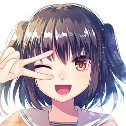 Rule 34 | 1girl, 8931ponzu, ;d, black hair, eyes visible through hair, hand up, kantai collection, looking at viewer, lowres, one eye closed, open mouth, orange eyes, portrait, sailor collar, sendai (kancolle), short hair, simple background, smile, solo, two side up, v, v over eye, white background, white sailor collar