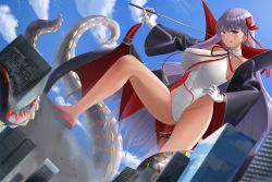 Rule 34 | 1girl, bb (fate), bb (fate) (all), bb (swimsuit mooncancer) (fate), bb (swimsuit mooncancer) (third ascension) (fate), black coat, blue sky, breasts, building, cityscape, cloud, coat, commentary request, day, dutch angle, fate/grand order, fate (series), giant, giantess, gloves, hand on own hip, high heels, highleg, highleg leotard, highres, large breasts, leotard, looking at viewer, neck ribbon, outdoors, pointer, popped collar, purple eyes, purple hair, red footwear, red ribbon, ribbon, sky, solo, tan, tentacles, tomoshibi (fuuzen no tomoshibi), tongue, tongue out, white gloves, white leotard