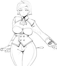 Rule 34 | 1girl, bad id, bad pixiv id, breasts, cleavage, curvy, elisabeth blanctorche, greyscale, hip focus, large breasts, lineart, monochrome, okyou, riding crop, short hair, snk, solo, the king of fighters, thigh gap, thighs, wide hips