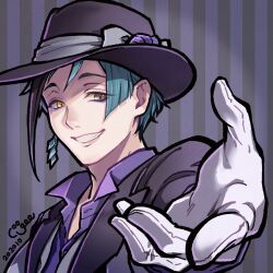 Rule 34 | 1boy, bishounen, black jacket, bow, brown eyes, collared shirt, coogee, dated, earrings, eel boy, eyeliner, floyd leech, foreshortening, gloves, grey bow, grin, hat, hat bow, heterochromia, highres, jacket, jewelry, looking at viewer, makeup, male focus, purple eyeliner, purple hat, purple shirt, reaching, reaching towards viewer, sharp teeth, shirt, signature, single earring, smile, solo, striped, striped background, teeth, twisted wonderland, upper body, vertical stripes, white gloves, yellow eyes