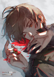 Rule 34 | 1boy, bai qi (love and producer), blood, blood on face, brown eyes, brown hair, brown jacket, covering own mouth, earpiece, earrings, highres, holding, jacket, jewelry, long sleeves, looking at viewer, love and producer, lying, nosebleed, on back, on floor, one eye closed, rabbitcamilla, shadow, short hair, solo