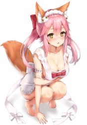 Rule 34 | 10s, 1girl, animal ear fluff, animal ears, apron, arm support, bare legs, barefoot, blush, bow, breasts, cleavage, collarbone, commentary request, cosplay, fate/extra, fate/grand order, fate (series), fox ears, fox tail, full body, hair between eyes, hair bow, highres, large breasts, long hair, looking at viewer, maid headdress, naked apron, open mouth, pink hair, red bow, reinama, simple background, solo, squatting, tail, tamamo (fate), tamamo cat (fate), tamamo cat (fate) (cosplay), tamamo cat (third ascension) (fate), tamamo no mae (fate/extra), white background, yellow eyes