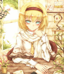 Rule 34 | 1girl, alice margatroid, blonde hair, brick wall, bulletin board, capelet, cuff links, female focus, flower, flower pot, green eyes, head rest, headband, holding hands, kyuumoto kuku, letter, looking at viewer, necktie, photo (object), pin, plant, postcard, pov, short hair, solo, solo focus, touhou, vines, window