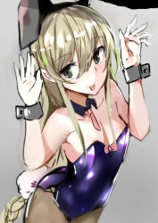 Rule 34 | 1girl, :p, animal ears, black eyes, blonde hair, detached collar, fake animal ears, grey background, hair between eyes, hairband, hands up, highres, leotard, long hair, muoto, original, pantyhose, playboy bunny, rabbit ears, rabbit pose, rabbit tail, simple background, solo, tail, tongue, tongue out, very long hair, wrist cuffs