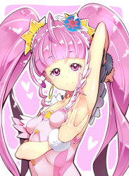 Rule 34 | 1girl, armpits, bare shoulders, blush, commentary request, cure star, earrings, eyelashes, hair ornament, hamuhamu, happy, highres, hoshina hikaru, jewelry, long hair, looking at viewer, magical girl, partial commentary, pink background, pink eyes, pink hair, planet hair ornament, precure, smile, solo, standing, star (symbol), star twinkle precure, twintails