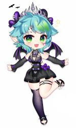 Rule 34 | 1girl, apricot the lich, apricot the lich (1st costume), aqua eyes, aqua hair, bat (animal), breasts, chibi, cleavage, cleavage cutout, clothing cutout, highres, jewelry, leg up, lich, loggi, medium breasts, miniskirt, short hair, single thighhigh, skirt, smile, solo, thighhighs, virtual youtuber, vshojo, white background, wings