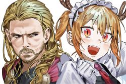 Rule 34 | 1boy, 1girl, absurdres, animification, avengers (series), blonde hair, blue eyes, chamuring, commentary, dragon girl, dragon horns, elbow gloves, facial hair, gloves, gradient hair, happy, highres, horns, kobayashi-san chi no maidragon, korean commentary, long hair, looking at another, maid, maid headdress, marvel, multicolored hair, name connection, necktie, open mouth, orange eyes, orange hair, portrait, red necktie, serious, sideways glance, slit pupils, thor (marvel), tohru (maidragon), twintails, white background, white gloves