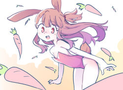 Rule 34 | 1girl, animal ears, armpit crease, asymmetrical bangs, bare shoulders, blunt bangs, brown hair, carrot, cowboy shot, dot nose, flat chest, kagari atsuko, leotard, light blush, little witch academia, long hair, looking at viewer, one side up, open mouth, orenji (wholesomeorenji), playboy bunny, rabbit ears, rabbit tail, red eyes, red leotard, round teeth, sidelocks, smile, solo, straight hair, strapless, strapless leotard, tail, tareme, teeth, upper teeth only, very long hair
