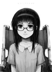 Rule 34 | 10s, 1girl, akemi homura, black hair, glasses, greyscale, hairband, long hair, looking at viewer, mahou shoujo madoka magica, mahou shoujo madoka magica (anime), monochrome, pajamas, silverxp, simple background, sitting, solo, wheelchair