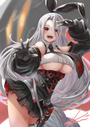 Rule 34 | 1girl, :d, absurdres, azur lane, bare shoulders, black gloves, black necktie, black skirt, black sleeves, blush, breasts, bustier, collared shirt, commentary request, cowboy shot, crop top, cross, detached sleeves, gloves, grey hair, hair between eyes, hair ribbon, hand up, highres, iron blood (emblem), iron cross, large breasts, long hair, looking at viewer, mole, mole under eye, necktie, open mouth, partial commentary, pleated skirt, prinz heinrich (azur lane), red eyes, ribbed shirt, ribbon, shirt, sidelocks, signature, skirt, smile, solo, standing, teeth, underboob, upper teeth only, v over eye, very long hair, yam (yam6056)